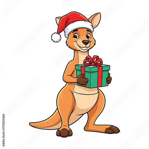 Festive Kangaroo with Christmas Gift A Whimsical Holiday Illustration