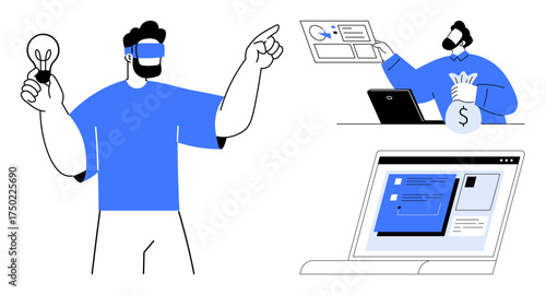 Man with VR headset holding lightbulb, person managing finances at desk, laptop displaying project interface. Ideal for teamwork, innovation, technology, creativity, finance, digital tools simple