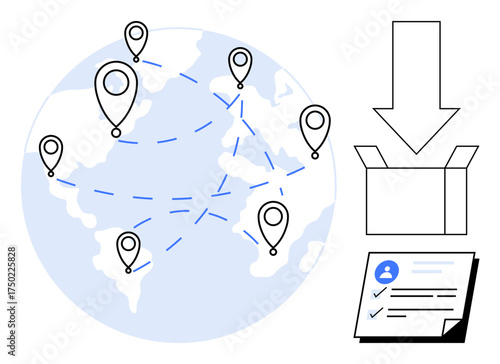 Globe with location markers, dotted connection lines, delivery box, and document. Ideal for logistics, global shipping, distribution, e-commerce, supply chain package delivery and operational
