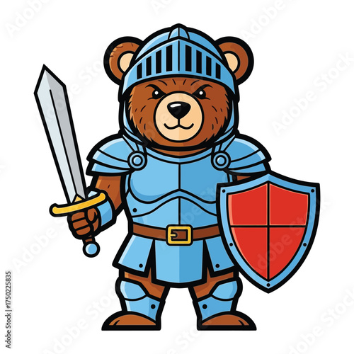 Brave Bear Knight A cartoon bear in shining armor holding a sword and shield, ready for battle