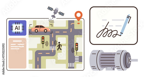 AI chip, map with smart traffic system, pedestrian, satellite, and signature screen. Ideal for AI solutions, smart cities, automation, IoT traffic control digital security simple flat metaphor