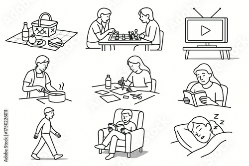 Minimalist line art icon set of daily life activities picnic, chess, TV, cooking, reading, walking, sleeping   