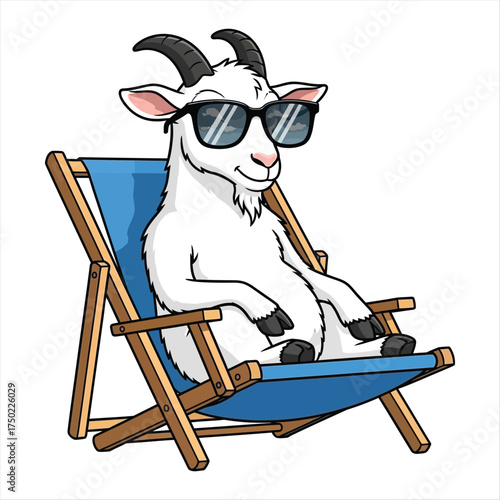 Cool cartoon goat wearing stylish sunglasses, casually lounging in a blue beach chair, embodying a relaxed and carefree summer vacation vibe with a touch of playful animal humor