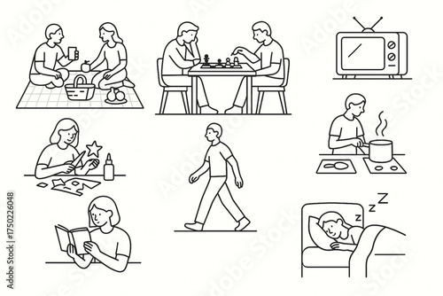 Minimalist line art icon set of daily life activities picnic, chess, TV, cooking, reading, walking, sleeping   