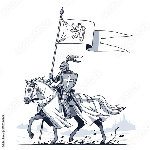 The knight mounted on a horse carries a fluttering battle standard.