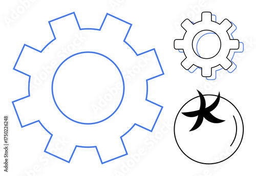 Large gear outline linked to smaller gear and stylized tomato, representing industrial progress, agriculture, collaboration, innovation, mechanical processes. Ideal for technology, farming