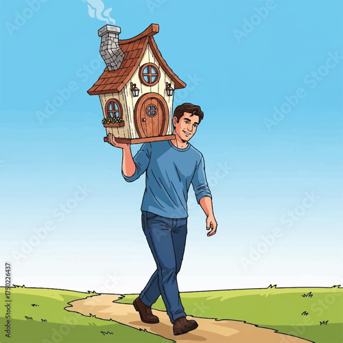 A man carries a handcrafted miniature elf cottage with happily.