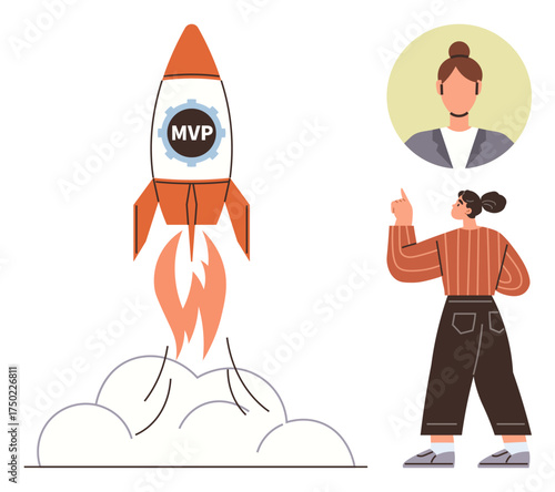 Rocket labeled MVP launching with woman presenting while showing a portrait. Ideal for startups, innovation, product launch, motivation, mentorship, business growth, and entrepreneurship. Clean flat