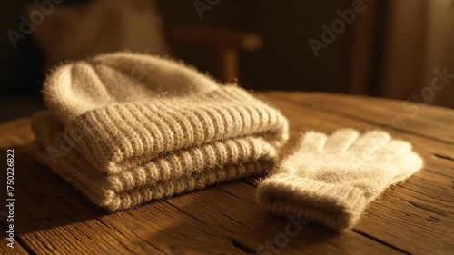 Warm winter accessories a folded knit hat and gloves sit on a rustic wooden table