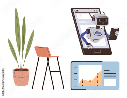 Robot assistant emerging from a smartphone screen, analytics chart with growth data, plant in a pot, and modern chair. Ideal for technology, AI innovation, data, modern workspace, efficiency