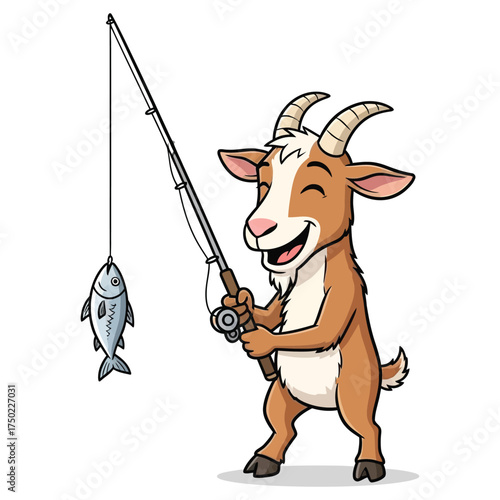 Happy goat catches a fish while fishing with a fishing rod and line in a whimsical cartoon style