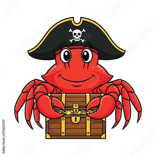 A cute cartoon pirate crab character wearing a tricorn hat and guarding a treasure chest full of gold coins. Vector illustration of a smiling sea animal mascot