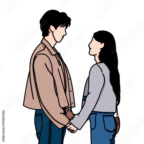 A vector illustration of a happy couple gazing into each other's eyes while holding hands. This illustration was inspired by a famous Korean drama scene.