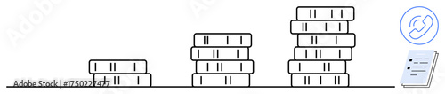 Coins stacked in ascending order symbolizing financial growth, income increase. Document and phone call icon convey business, consultation. Ideal for finance, investment, economy, success, savings