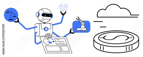 Robot manages justice scales, heart health, robotic arm, digital dashboard, and coin. Ideal for automation, healthcare, finance robotics cloud computing scalability efficiency. Simple flat