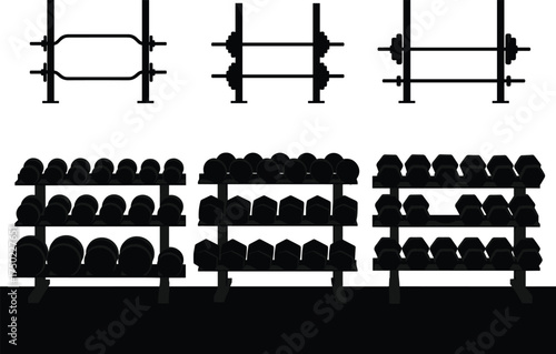 Gym equipment illustration with barbells and dumbbells, weightlifting gear artwork, fitness training design, exercise and workout concept, strength training setup