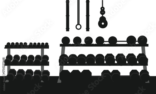Gym equipment illustration with dumbbells and barbells, weightlifting gear artwork, fitness training design, exercise and workout concept, strength training setup