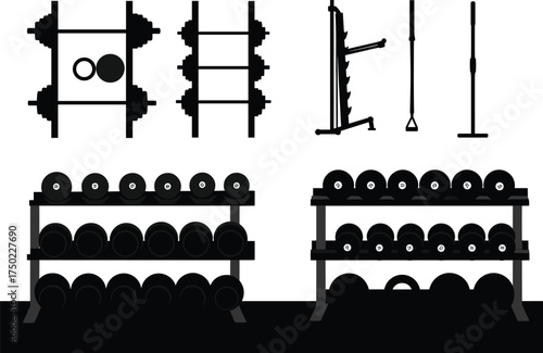 Gym equipment silhouettes with squat racks and dumbbell racks, weightlifting gear illustration, fitness training artwork, exercise and workout design, strength setup concept