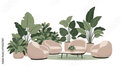 Cozy relaxation nook with stylish seating and lush tropical foliage