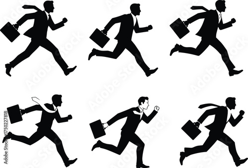 Running businessman silhouettes with briefcase, motion sequence illustration, corporate urgency concept, time management design, business lifestyle artwork, professional rush variations