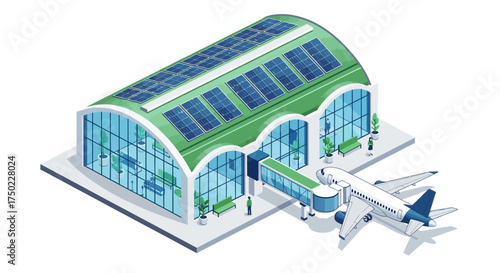 Isometric Airport Terminal with Solar Panels and Airplane Illustration