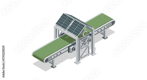 Isometric conveyor belt system powered by solar panels for clean energy