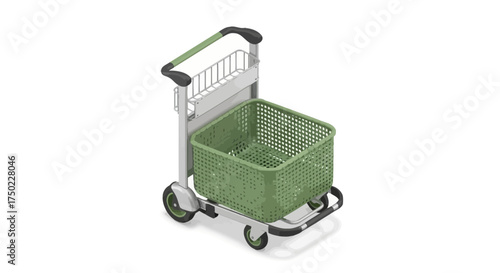 Isometric depiction of an empty green shopping cart on a white background