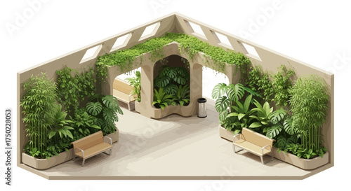 Isometric depiction of an indoor garden with lush greenery and seating