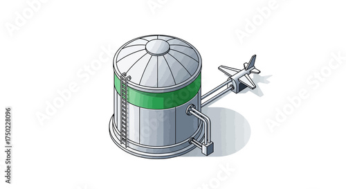 Isometric Illustration of a Fuel Storage Tank Connected to a Miniature Plane