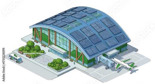 Isometric Green Airport Terminal with Solar Panels and Sustainable Design