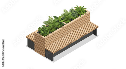 Isometric view of park bench with integrated planter box creating modern urban space