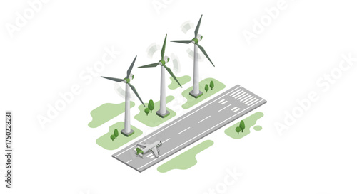 Isometric visualization of airplane near wind farm on the runway concept
