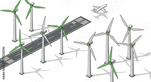 Isometric Wind Turbines Near Runway with Plane for Sustainable Energy concept