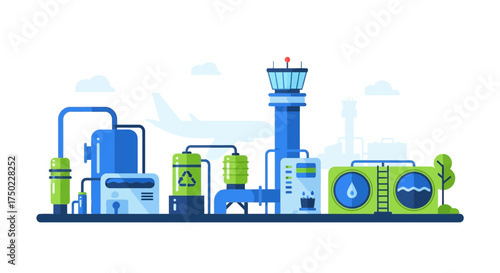 Modern airport service infrastructure, sustainable utilities illustration
