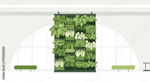 Modern office waiting area with a vibrant vertical garden display