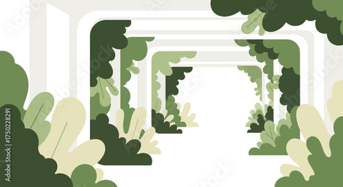 Pathway through Greenery, an Abstract tunnel vision, flat illustration