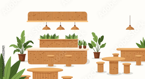 Tranquil bamboo restaurant scenery with cozy lighting and lush plants
