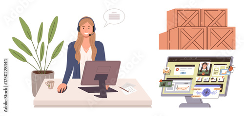 Support agent with headset at desk using computer, speech bubble, wooden boxes, and order management software. Ideal for e-commerce, customer support, logistics, online services, inventory teamwork