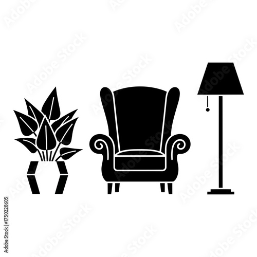 Silhouette of a classic armchair with a potted plant and a floor lamp, isolated on a