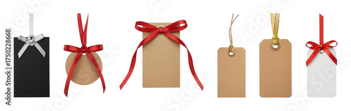 Gift tag set including kraft, white, and black paper tags with red, silver, and gold ribbons isolated. Merchandise and pricing label collection.