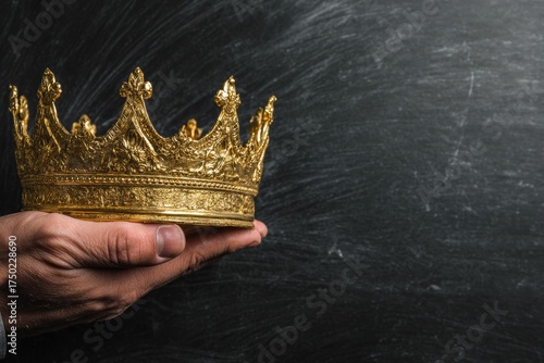 A golden crown held in a hand against a dark, textured background