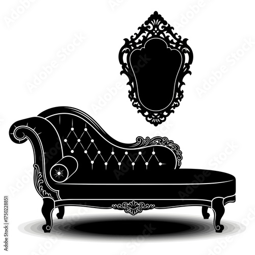 Elegant black chaise lounge with ornate tufted upholstery and a decorative baroque mirror