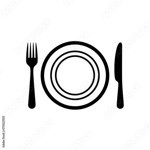 A simple black and white illustration of a dinner plate with a fork and knife on either side