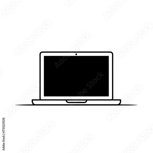 A simple black and white illustration of a laptop computer, open and facing forward, with a black screen, isolated on a