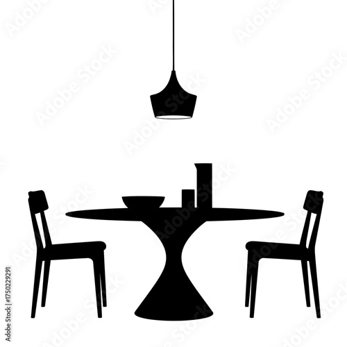 Silhouette of a modern dining table with two chairs and a pendant lamp