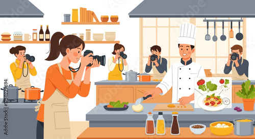 Food blog collaboration: Chef prepares meal while bloggers capture culinary content