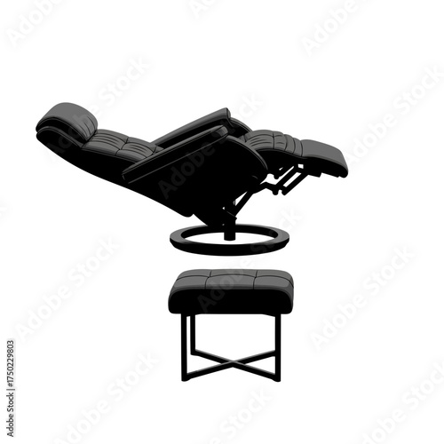A black leather recliner chair with a matching ottoman, isolated on a, showcasing modern furniture design and comfort