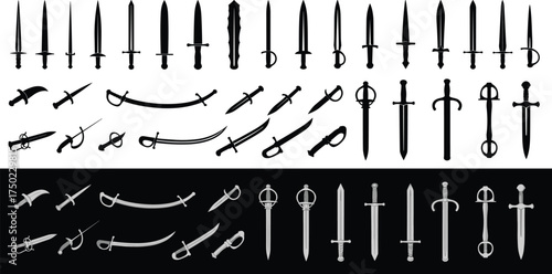 Sword silhouette collection, swords vector illustration. Medieval sword, dagger, cross guard.	
