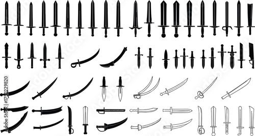 Sword silhouette collection, swords vector illustration. Medieval sword, dagger, cross guard.	
