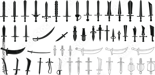 Sword silhouette collection, swords vector illustration. Medieval sword, dagger, cross guard.	
